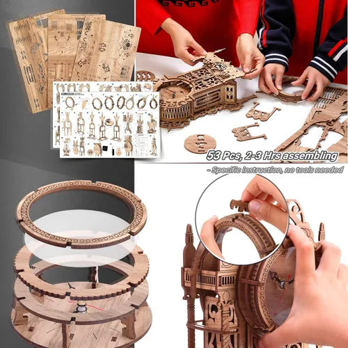 Vista 5 de FUNPOLA Rompecabezas de madera 3D Reloj de torre LED, rompecabezas 3D edificio de escritorio, modelo de bloques de construcción arquitectónicos