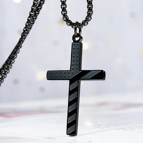 Vista 4 de Wolentty Collar con cruz de bandera estadounidense de acero inoxidable grabado religioso filipenses 413 joyería con colgante para hombre color negro