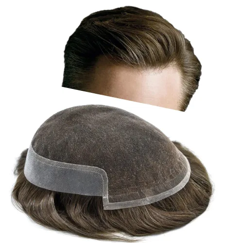 Vista 14 de Tupé de encaje suizo para hombres, piezas de cabello humano real, encaje frontal, sistema de reemplazo de cabello tipo tupé, nudo blanqueado, línea