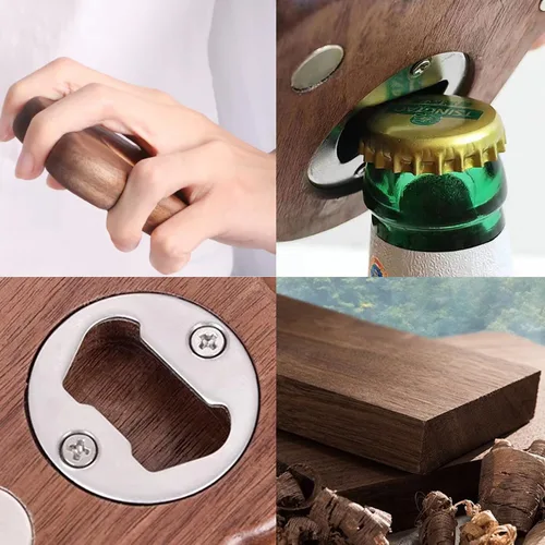 Vista 5 de Abrebotellas de madera para cerveza, abridor magnético de botellas de madera para chupar en el refrigerador, diseño de pata de gato, lindo