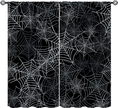 Vista 10 de JESTRONRY Cortinas de telaraña, telaraña espeluznante de Halloween, gótico, naranja, aterrador, tratamiento de ventana, cortinas opacas