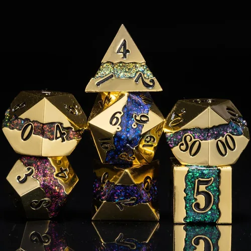 Vista 8 de Dados poliédricos DND de metal, juego de dados metálicos con purpurina a rayas grandes, juego de 7 dados plateados antiguos para juegos de rol
