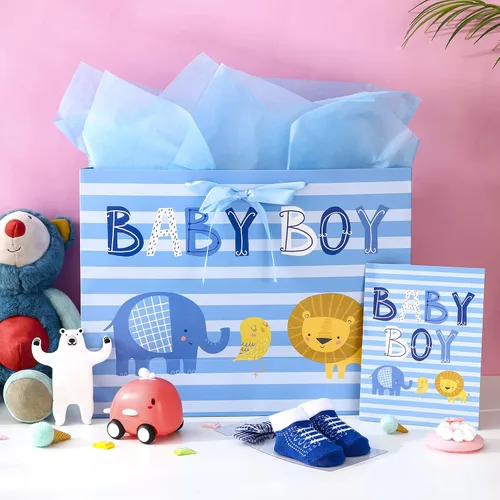 Vista 2 de Loveinside Bolsa de regalo para bebé niño con papel de seda y tarjeta de felicitación para baby shower, nuevos padres y más, diseño animal azul, 16