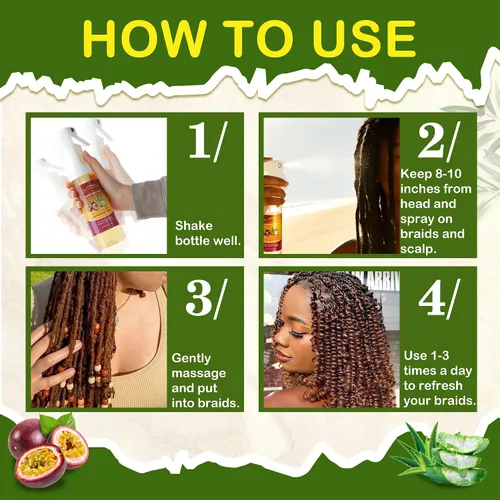 Vista 6 de Orientfashion Spray refrescante hidratante para Locs- humectante para el cuero cabelludo del cabello de maracuyá, cuidado y mantenimiento natural