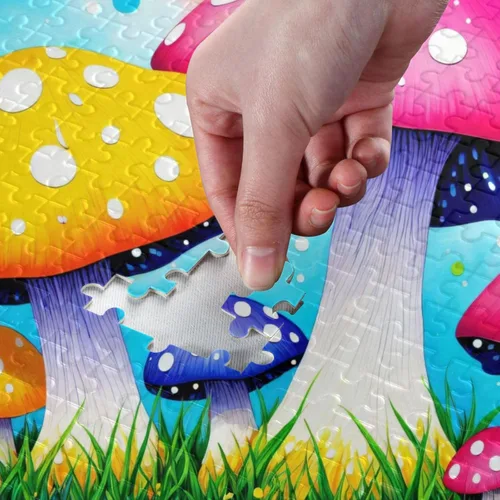 Vista 4 de Rompecabezas de hongos rojos amarillos, material compuesto de madera de papel Zcon bolsa de almacenamiento e imagen de referencia fácil de resolver