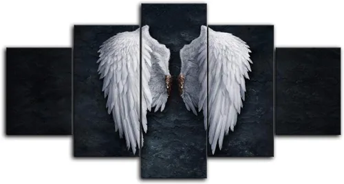 Vista 2 de Urttiiyy Lienzo decorativo de alas de ángel para pared, diseño de plumas de ángel en el suelo, pinturas en la pared, 5 paneles, carteles grandes
