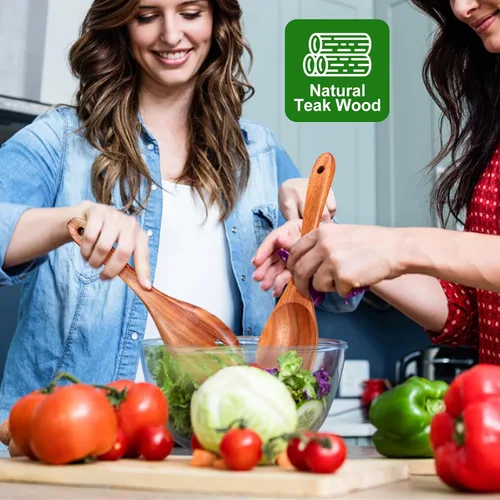 Vista 7 de Juego de 5 cucharas de madera para cocinar, espátulas de madera de teca, espátulas ranuradas para utensilios de cocina antiadherentes, cuchara