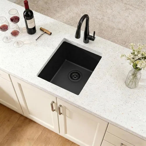 Vista 8 de Fregadero de barra negro, fregadero de cocina de montaje inferior de 13 x 15 x 10 pulgadas, fregadero de cocina pequeño y profundo de granito