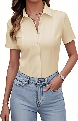 Vista 19 de Siliteelon Camisetas de Botón para Mujer, Ajustadas, de Manga Corta, Elásticas, Camisa de Vestir, Sin Arrugas, Sólida, Blusa de Trabajo