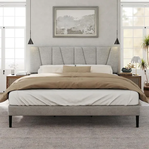 Vista 12 de HAOARA Marco de cama tamaño completo con cabecera tapizada en tela, cama plataforma con soporte de listones de madera, base de colchón completa