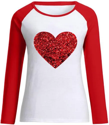 Vista 3 de Valentines Day Shirts Women Love Heart Print Graphic Tees Long Sleeve Tops Dressy Casual Crewneck Sweatshirts Blouses