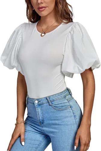 Vista 3 de LYANER Leotardo de manga corta abombada con cuello redondo para mujer