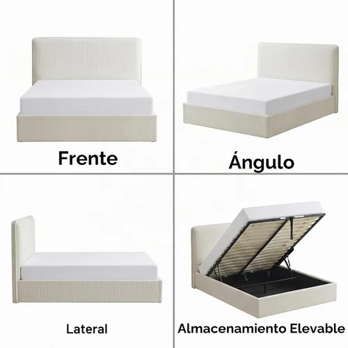 Vista 8 de Base de cama de almacenamiento tamaño Queen, plataforma tapizada de lino con cabecera curva, soporte de listones de madera hidráulico y resistente