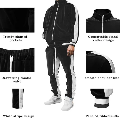 Vista 4 de KISSQIQI Chándal de 2 piezas con cremallera completa para hombre, trajes deportivos de terciopelo dorado, trajes casuales, chaqueta y pantalones