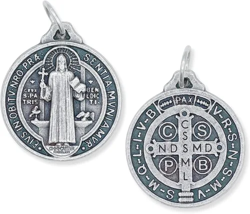 Vista 3 de Caritas et Fides Paquete de 10 colgantes de medalla de San Benito 34 pulgadas redondas de plata oxidadas de San Benito para collar medallas