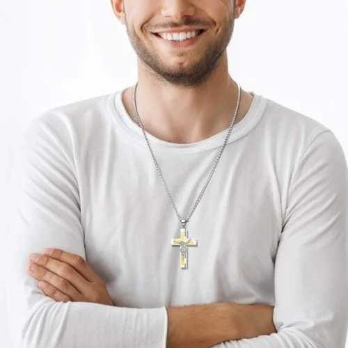 Vista 3 de YL Collar de cruz para hombre de acero inoxidable con colgante de crucifijo de cadena Rolo de Jesucristo, joyería de oración del Señor