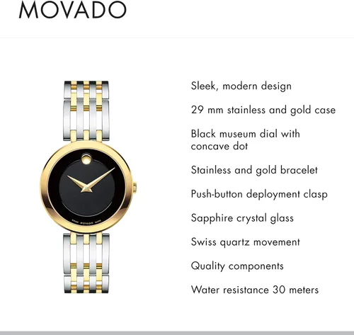 Vista 2 de Movado Reloj Esperanza de 2 tonos para mujer con esfera de museo de punto cóncavo, plataoronegro (modelo 607053), PlateadoDoradoNegro, Movimiento