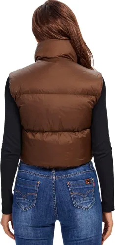 Vista 4 de Cegerne Chaleco corto de invierno para mujer, ligero, sin mangas, cálido, con cuello alto, con cremallera, chaleco acolchado