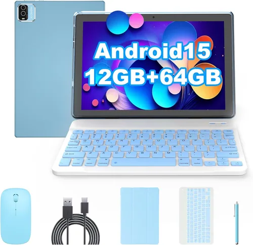 Vista 10 de Tablet Android 15 de 10 pulgadas, tabletas 2 en 1 con estuche de teclado ratón lápiz, 12 GB RAM 64 GB ROM 1 TB expandible, tablet PC con procesador