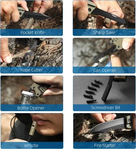 Vista 4 de Cuchillo multibolsillo, 22 en 1, herramientas EDC de equipo de supervivencia con funda de nailon, emergencia, campamento, senderismo, caza, regalo
