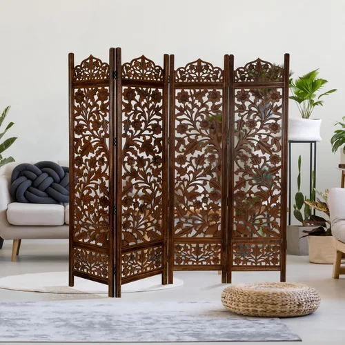 Vista 9 de Lightnpro - Divisor plegable con bisagras de madera con diseño de corazón de madera, 4 paneles con diseños intrincadamente tallados, premontado
