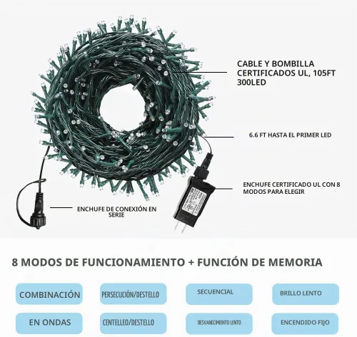 Vista 3 de Cadena de 300 luces LED para árbol de Navidad de 105 pies, luces navideñas enchufables con 8 modos y certificación UL, luces para interiores