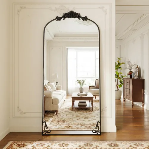 Vista 12 de GLSLAND Espejo Vintage - 72" x 44" Espejo de Cuerpo Completo Grande Tallado Arqueado con Marco de Metal Barroco Espejos de Cuerpo Completo para Negro