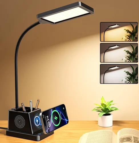 Vista 10 de COZOO Lámpara de escritorio LED con 3 puertos de carga USB, 2 tomas de corriente CA, 3 modos de color y 3 niveles de brillo, función