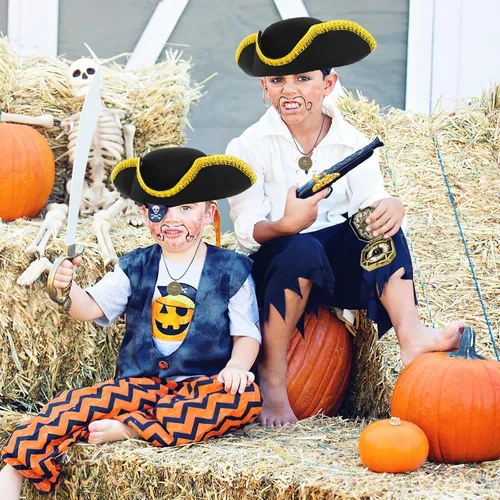 Vista 6 de Zddaoole 4PCS Pirate Hat,Renaissance Pirate Tricorn Hat with Eye Patch & Necklaces for Halloween Cosplay