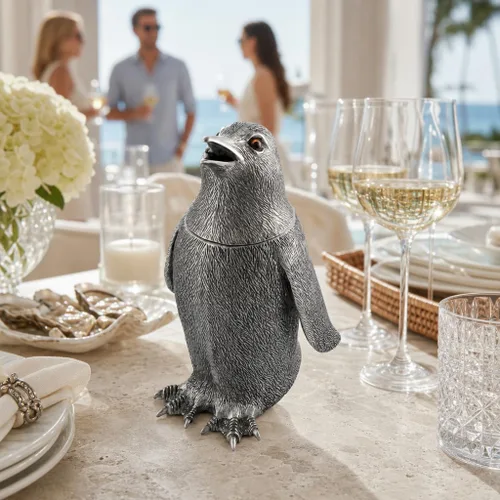 Vista 8 de Vagabond House Coctelera de pingüino de peltre, vajilla inspirada en el océano, 24 onzas, 9 pulgadas de alto