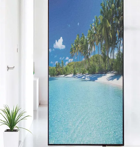 Vista 12 de Película decorativa de privacidad para ventana, control de calor, bloqueo solar, protección UV, diseño abstracto oceánico, adherencia estática Azul