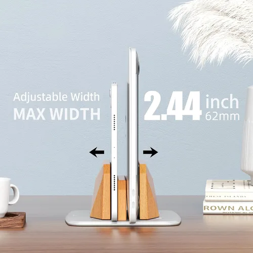 Vista 3 de AFOOYO Soporte vertical para laptop, soporte ajustable de madera con doble ranuras, base de escritorio compatible con todos los MacBook, Surface