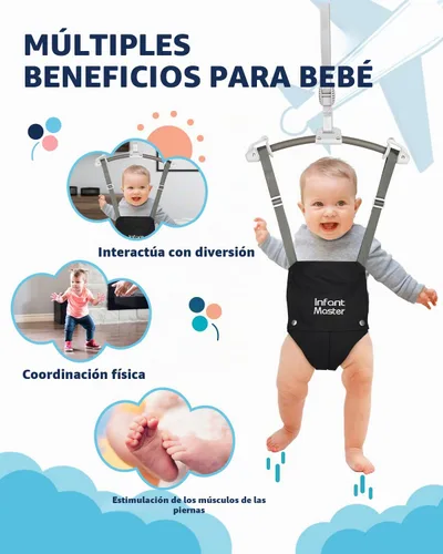 Vista 2 de Saltadores de puerta para bebés Infant Master, saltador Johnny resistente ajustable de 10.8"-23.6" de correa, suave rebotador de bebé con bolsa