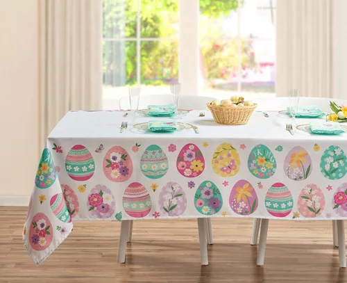 Vista 2 de Kadut Mantel de Pascua rectangular, mantel de tela de huevos de Pascua, elegante, audaz y alegre diseño de huevo de Pascua. Rectangular