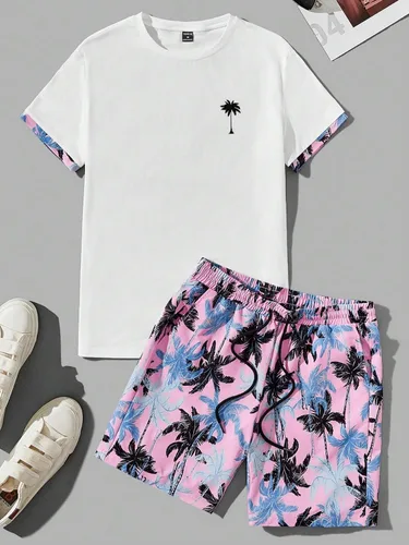 Vista 64 de GORGLITTER Conjunto de 2 piezas de camiseta gráfica de manga corta para hombre, estampado hawaiano con cordón y pantalones cortos