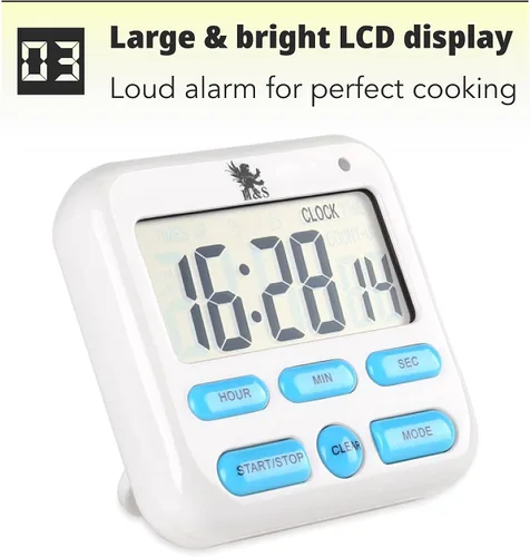 Vista 5 de H&S Temporizador digital de cocina para cocinar, temporizador magnético de cuenta regresiva con pantalla LCD grande y alarma fuerte, temporizadores