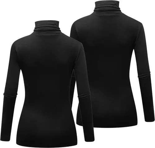 Vista 3 de Formeet17 Paquete de 2 camisetas de manga larga con cuello alto para mujer, básica, elástica, cómoda, cuello alto