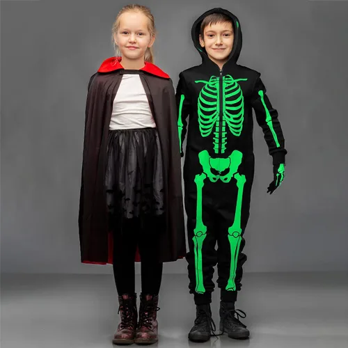 Vista 6 de SOMSOC Disfraz de esqueleto de Halloween para niños, disfraz de esqueleto brillante para Halloween, guantes de esqueleto que brillan en la oscuridad