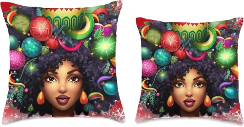 Vista 3 de Black women Christmas ornament melanin curly hair Melanin Christmas Queen Xmas Black Girl Magic Ornament Throw Pillow, 16x16, Multicolor