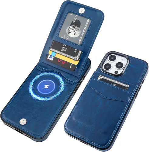 Vista 21 de KIHUWEY Compatible con iPhone 15 Pro Max Funda Billetera con Soporte para Tarjeta de Crédito, Tapa de Cuero Premium con Cierre Magnético y Soporte