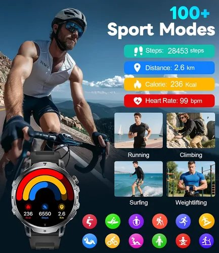 Vista 6 de Reloj inteligente militar para hombre, pantalla grande HD de 1.85 pulgadas, llamada Bluetooth, 1000 mAh, linterna, monitor de sueño de frecuencia