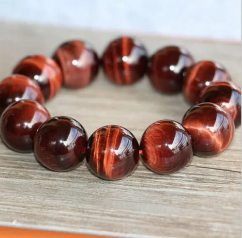 Vista 3 de Pulsera elástica de cuentas redondas de ojo de tigre rojo natural real de 7.5 pulgadas (tamaño 0.551in, color rojo)