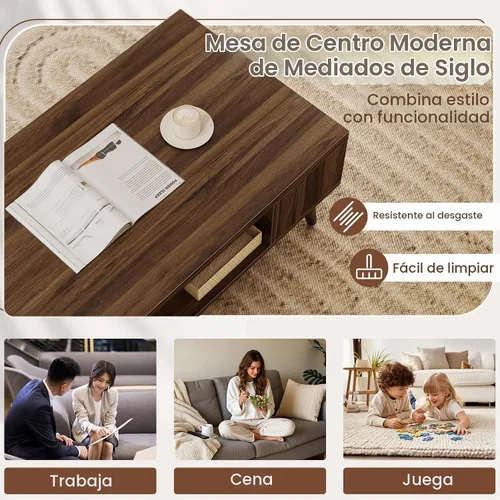 Vista 7 de Giantex Mesa auxiliar moderna de mediados de siglo, mesa central rectangular de 42 pulgadas con 2 estantes de almacenamiento y compartimento