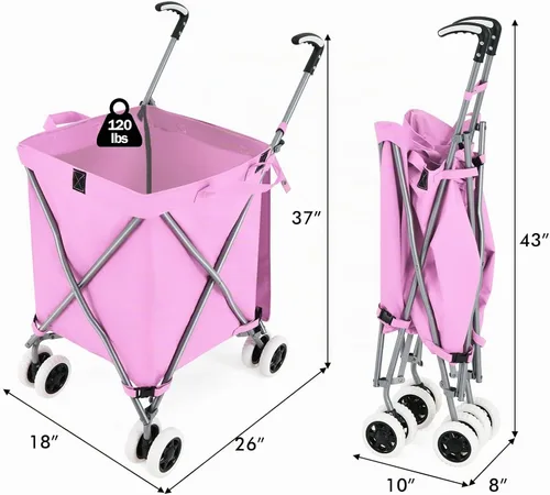 Vista 7 de GOFLAME Carrito de compras plegable con ruedas, carrito de comestibles impermeable con cubierta extraíble y ruedas giratorias de 360°, carrito Rosa