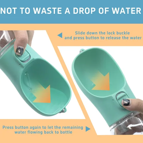 Vista 4 de Botella de agua portátil para perro con cuenco, a prueba de fugas, conveniente para caminar, senderismo y campamento (azul, 12 onzas)