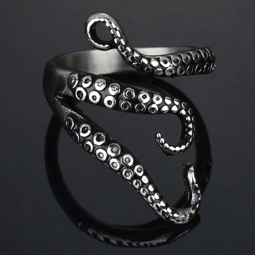 Vista 2 de Weelovee Anillo de pulpo antiguo punk de acero de titanio 316L para hombre y mujer, tamaño ajustable, diseño de joyería, unisex, plateado, Metal