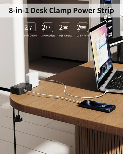 Vista 2 de Regleta de alimentación de abrazadera de escritorio con 4 salidas y 4 USB, cable de extensión de 6 pies para el hogar Desktop Mount Charging