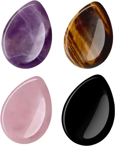 Vista 7 de YATOJUZI Juego de 4 piedras ovaladas para preocupación del pulgar, 7 chakras, amatista, cuarzo rosa, ojo de tigre, piedras naturales talladas a