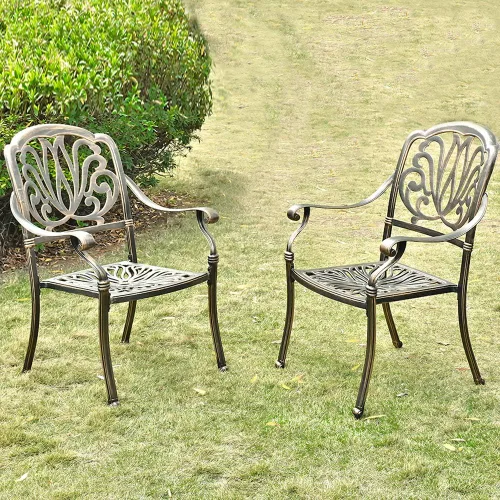 Vista 2 de Juego de 2 sillas bistró de aluminio fundido para exteriores, juegos de muebles de patio (2 sillas, flor)