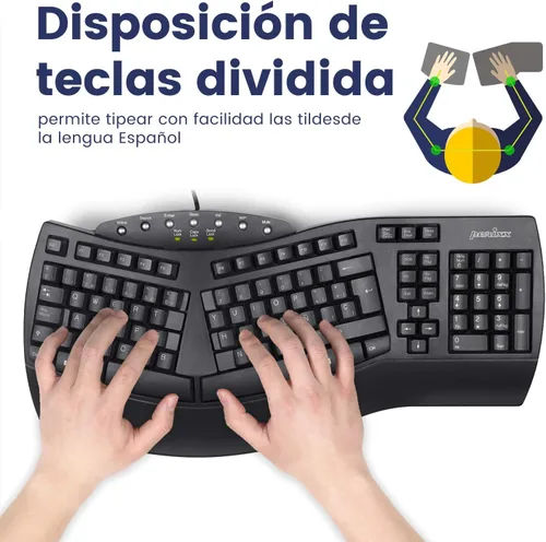 Vista 3 de Perixx PERIBOARD-512B ES - Teclado USB Ergonómico, 19.094x9.291x1.732 in - Negro - QWERTY Español, Negro